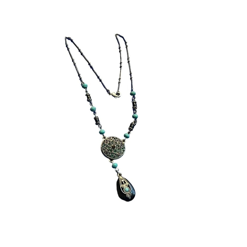 Avon Nina Ricci Y Necklace Collar Silver Tone Faux Turquoise Southwestern 16.5"